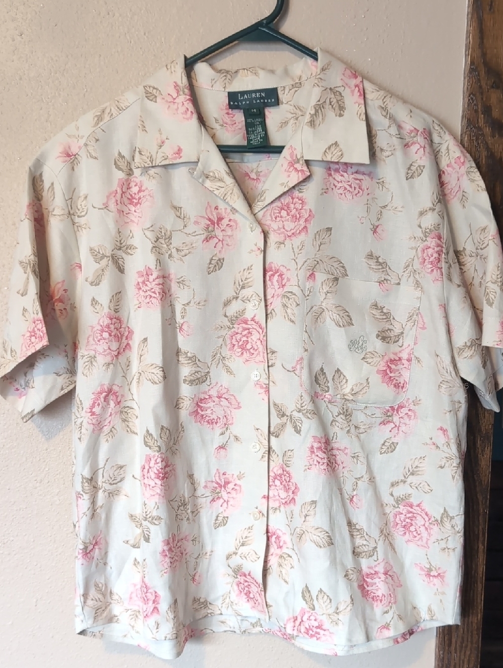 Lauren Ralph Lauren Linen Light Green Floral Short Sleeve Shirt - Picture 3 of 6